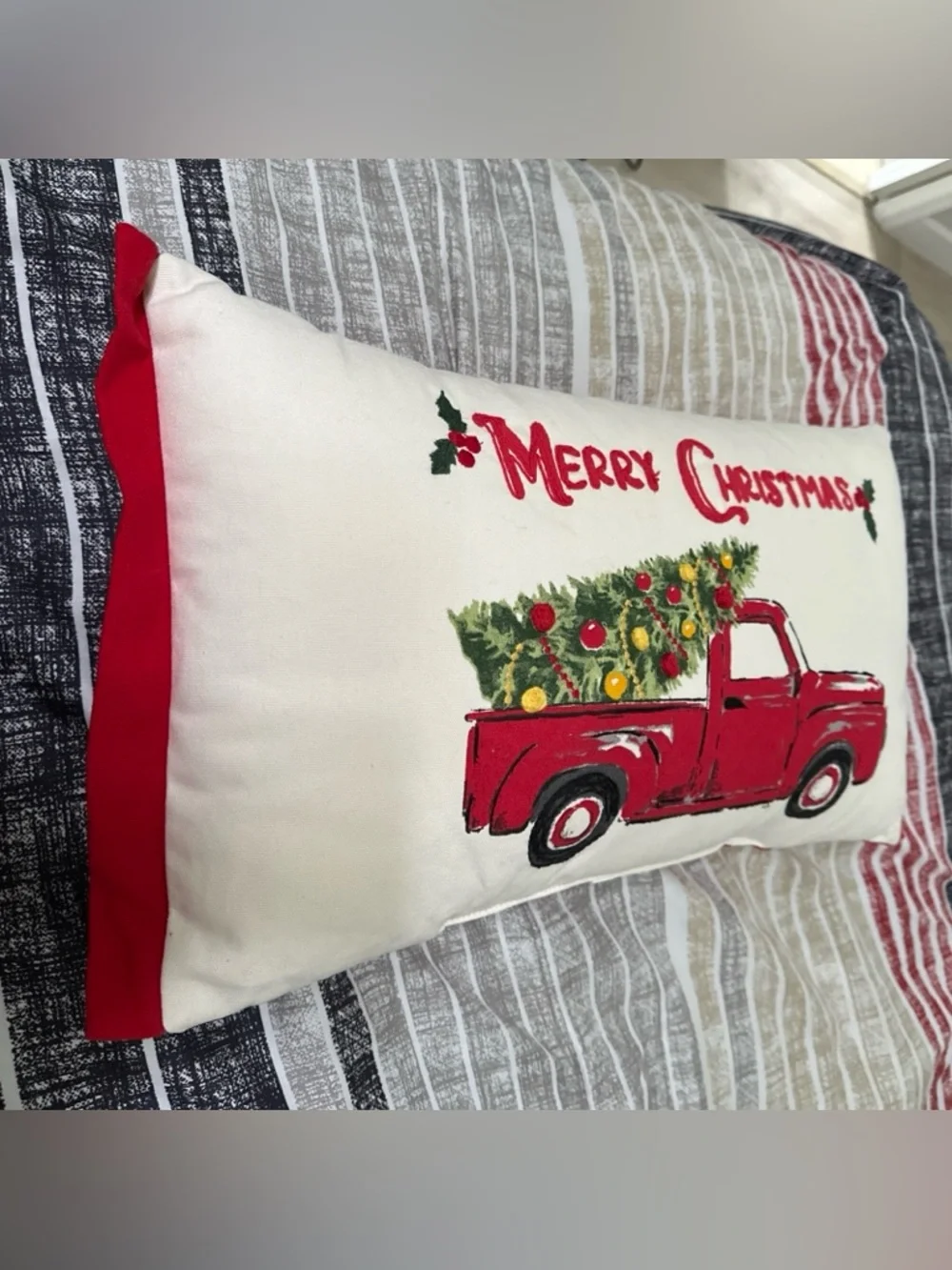 Embroidered Pillow Merry Christmas Old Red Pick-up Truck Decor 20